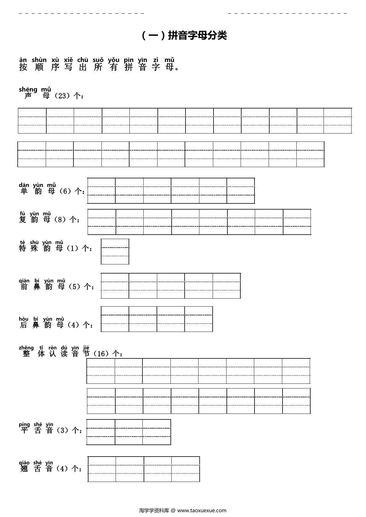 图片[1]-[7月27修正] 拼音字母分类、音节标调、拼音书写、三拼音节，拼音综合试卷，6页PDF电子版-淘学学资料库